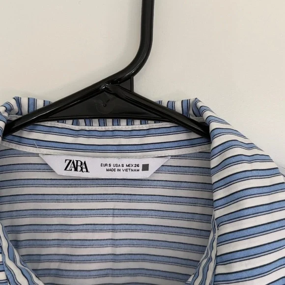 Zara Blue and Cream Striped Mini Dress Ruffle Frill Size Small Oversized - Picture 4 of 9